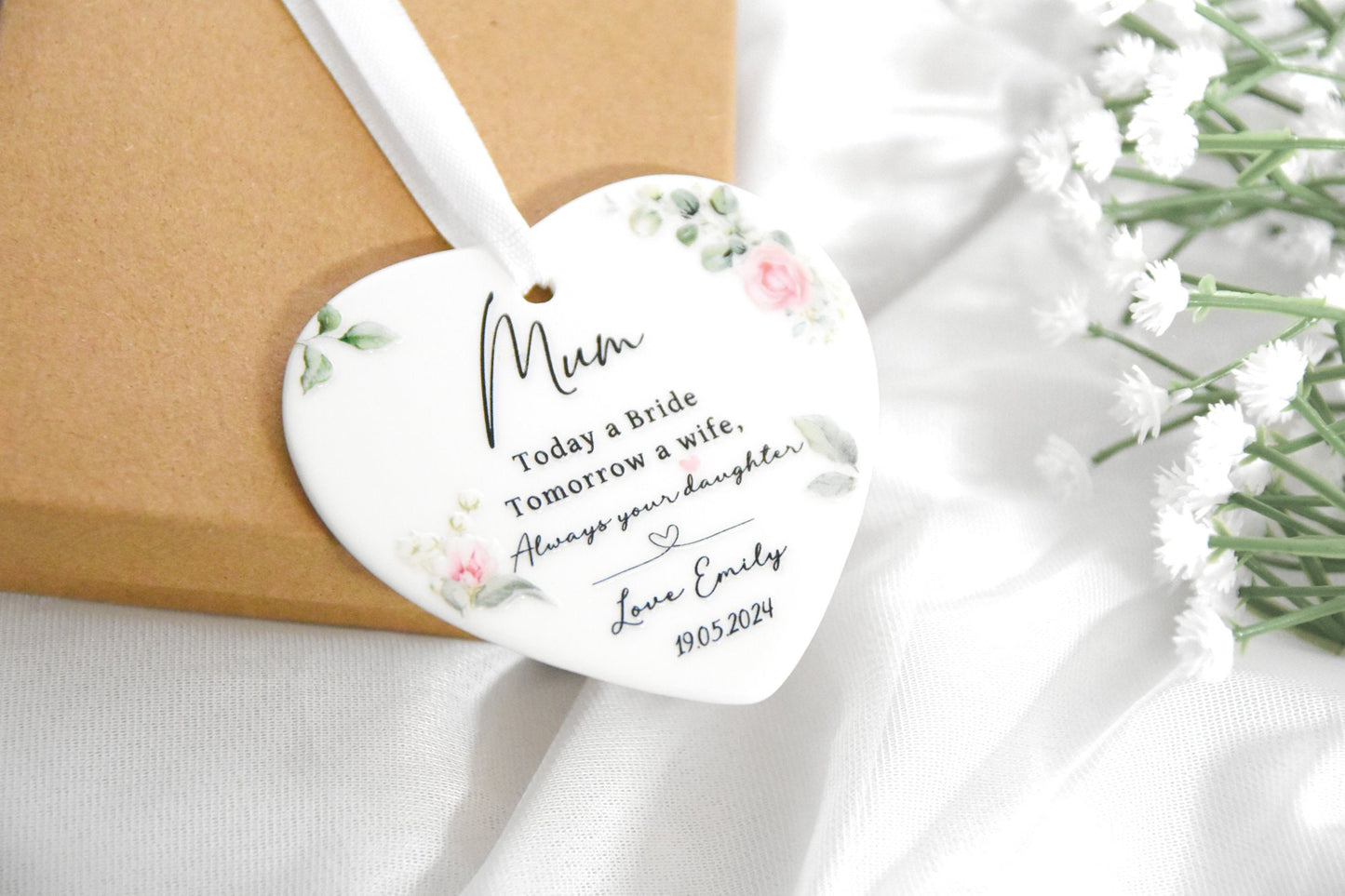 Mother of the bride heart ornament gift, today a bride, tomorrow a wife, always your daughter, keepsake gift for mum on mothers day, with ribbon and gift box