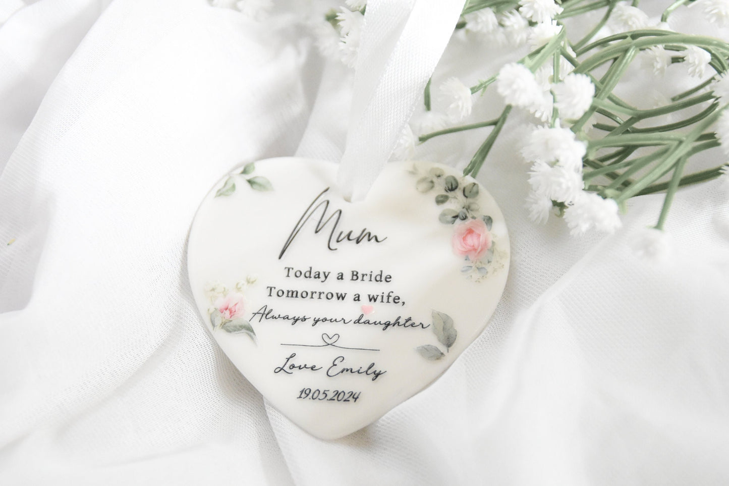 ceramic heart ornament for mum on wedding day, today a bride tomorrow a wife, always your daughter
