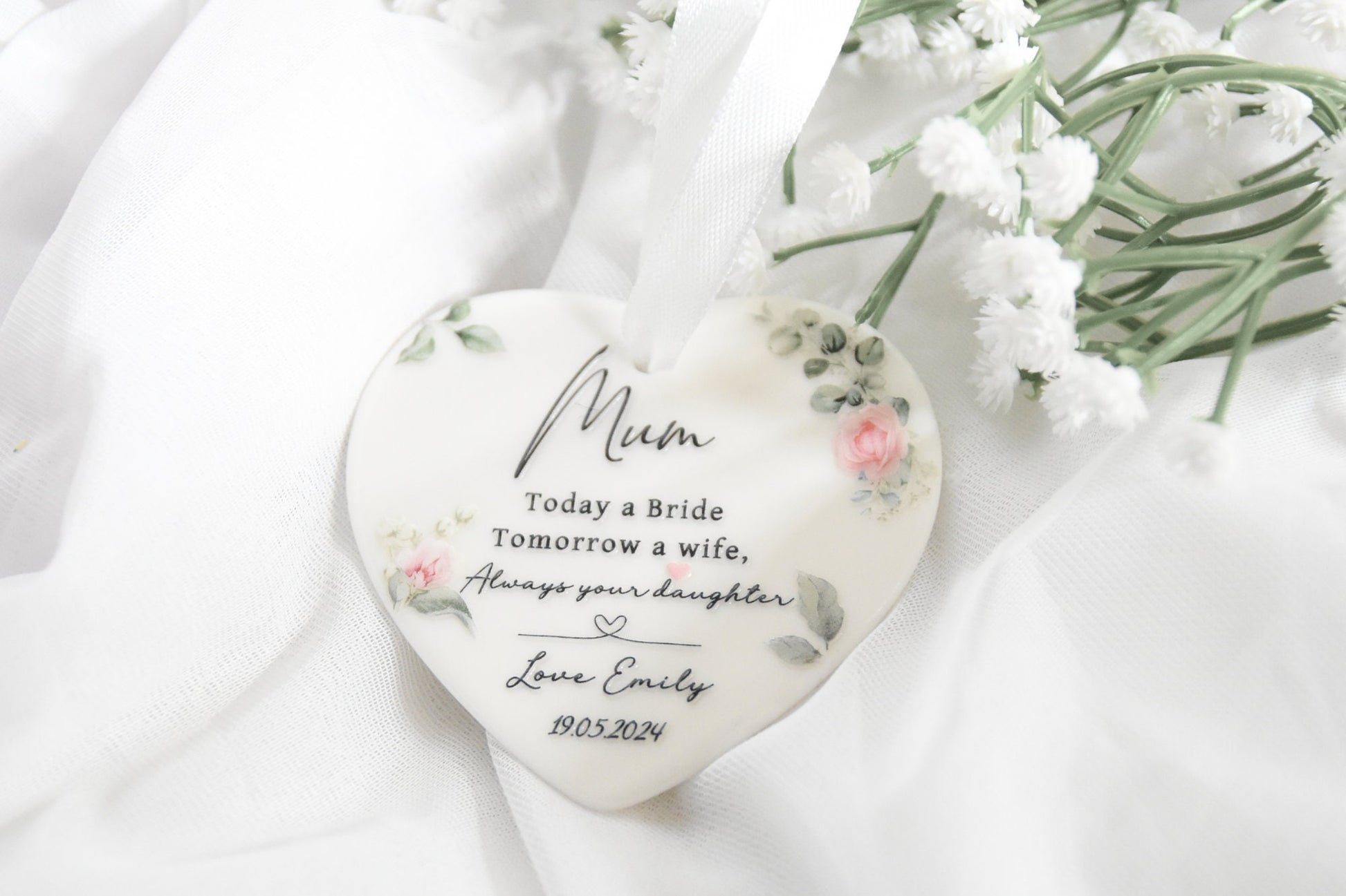 ceramic heart ornament for mum on wedding day, today a bride tomorrow a wife, always your daughter