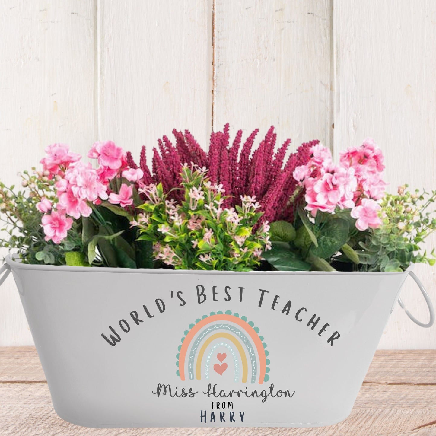 worlds best teacher planter, personalised gift for teacher, planter with rainbow, Thank you Teacher Gift, Metal Planter  personalised with worlds best teacher, filled with flowers,